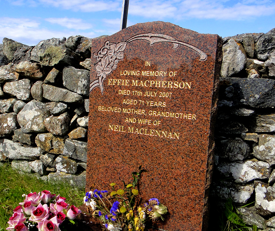 Photo of headstones/Effie MacPherson MacLennan d 2007 hdstn Benbecula Nunton Cem